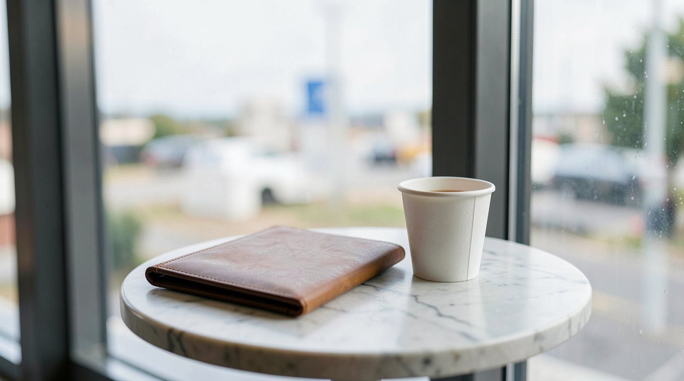 A closed brown leather folder and a paper cup of tea on a small round café table, with tall blurred terminal windows and daylight behind