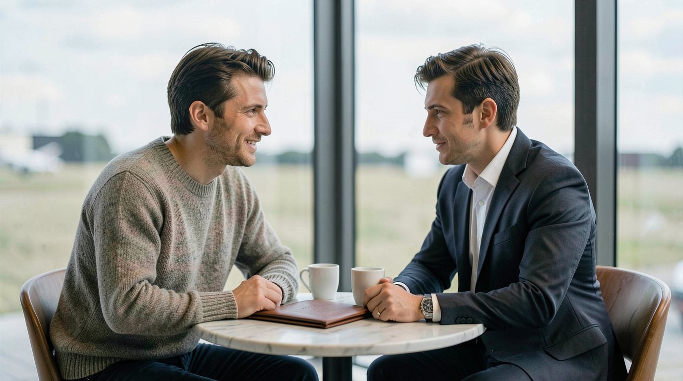 A traveller in a casual sweater and a lawyer in a dark suit at a small round marble café table by a tall window, with a closed plain brown leather folder and two plain white cups on the table and blurred daylight and sky behind