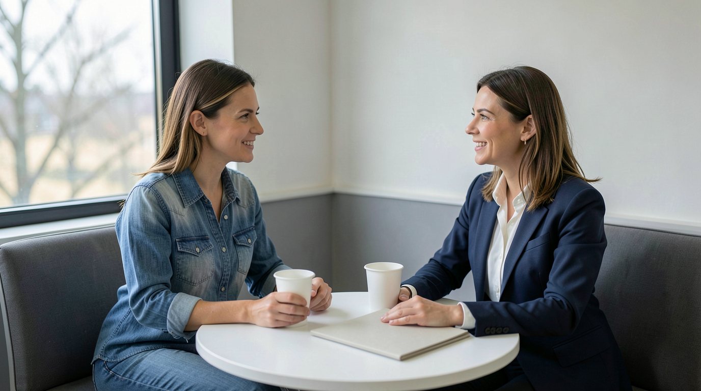 A female traveller in casual clothes talks with a female lawyer in a navy suit at a small round table in a quiet seating corner near a large window, with two plain white paper cups and one closed plain folder on the table