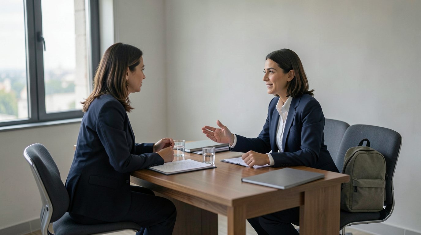 A mother in plain clothes sits across a desk from a woman lawyer in a navy suit who explains with an open hand, a child's small plain backpack resting on the empty chair beside the mother, with closed plain folders and water glasses on the desk