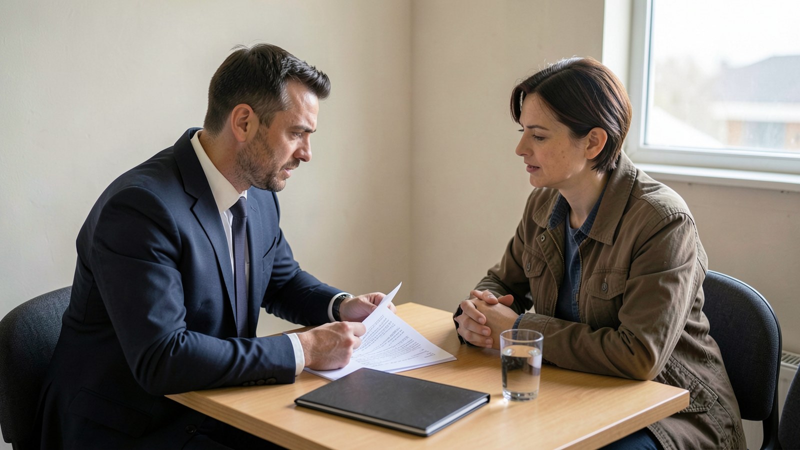 Lawyer reviewing an enforcement file and payment records with a client at a desk